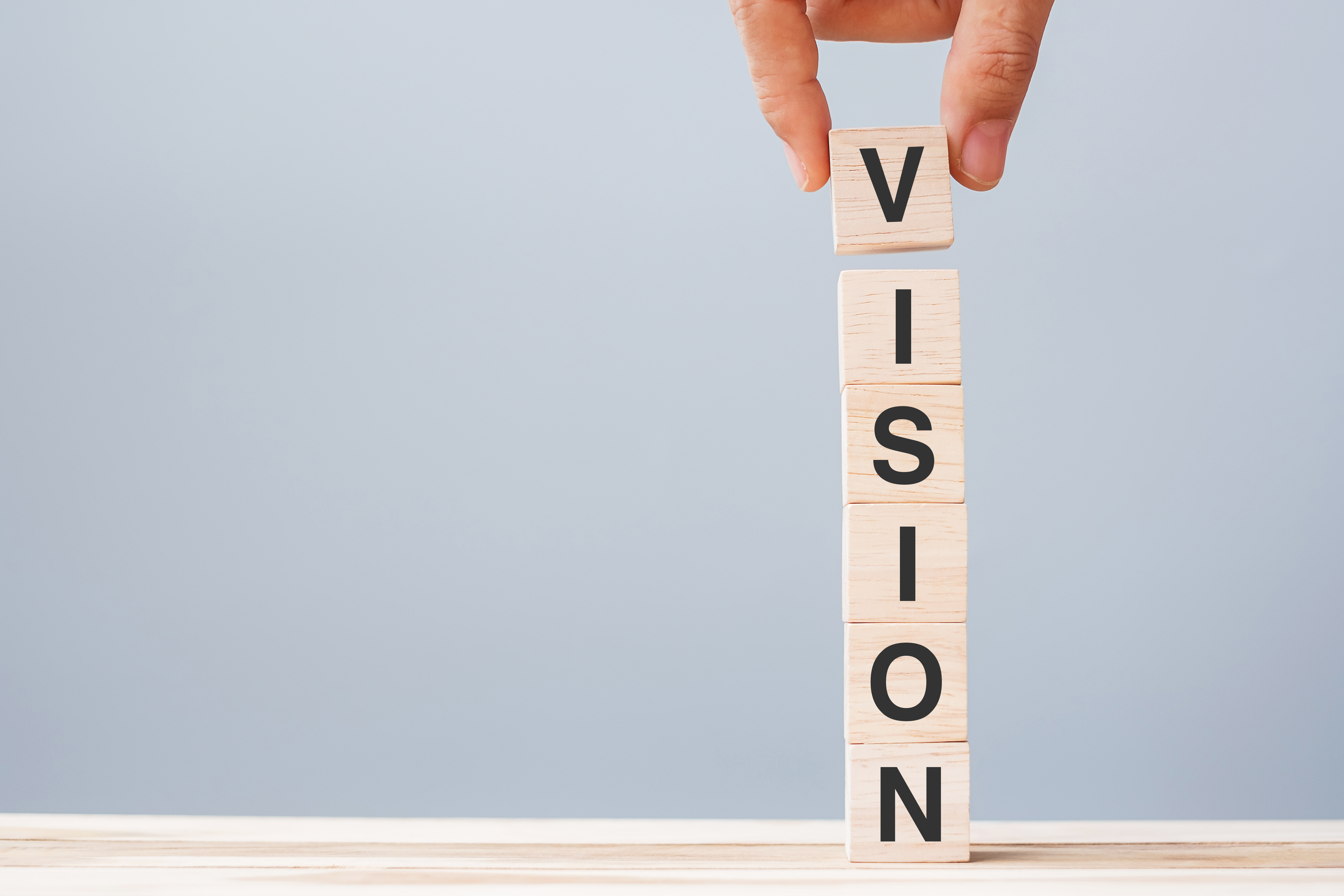 Business man hand holding wooden cube block with VISION business